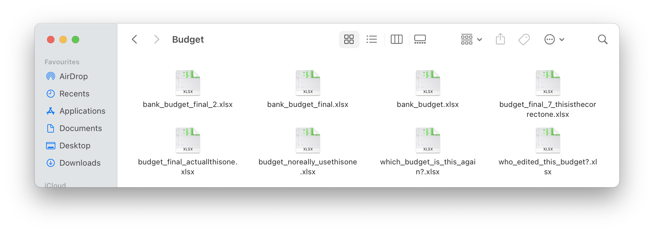 Picture of a file explorer, with 8 Excel files. The files are different revisions of the same item.