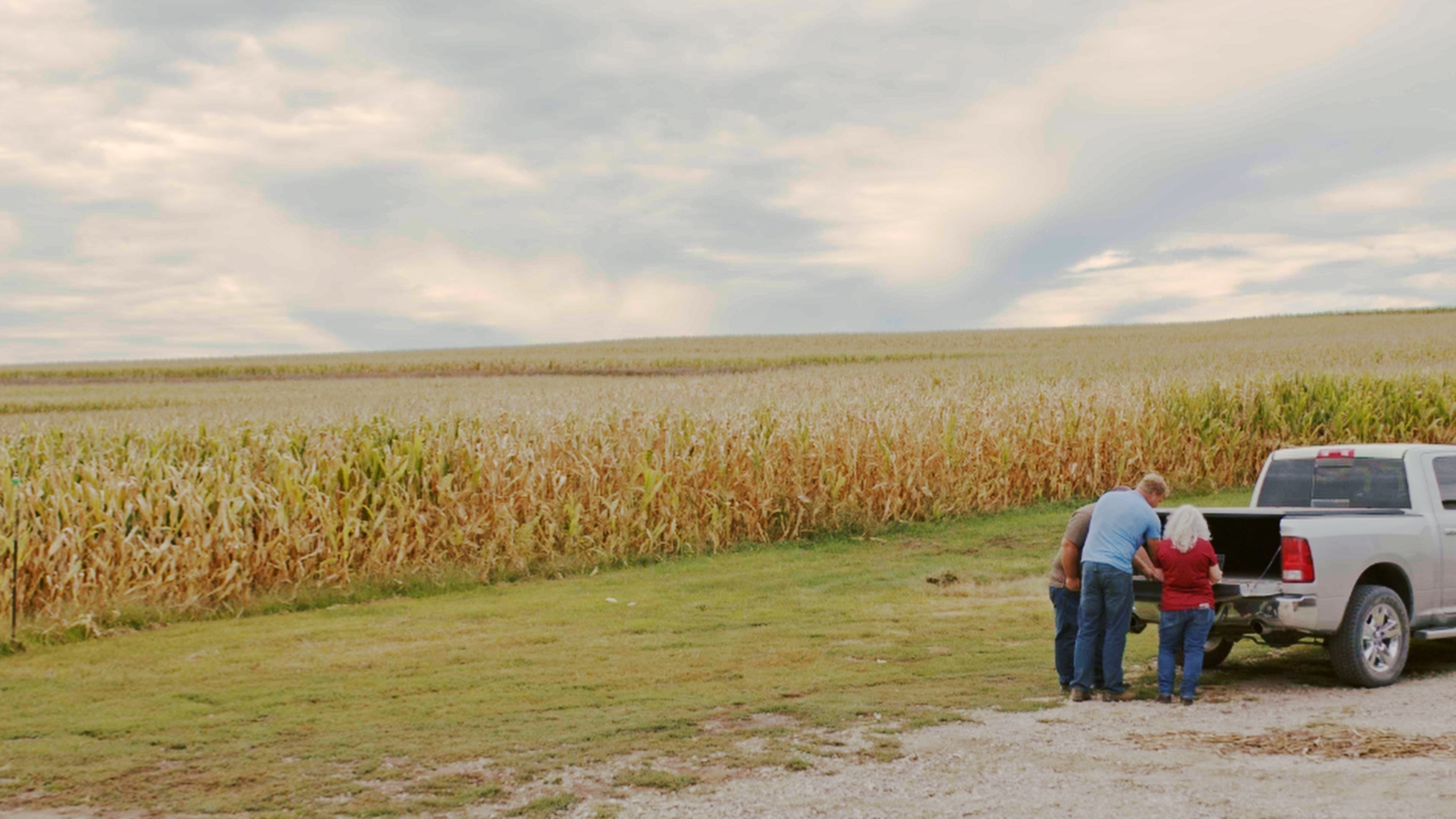 A farmer and his adviser working through figures on a laptop at an outdoor table